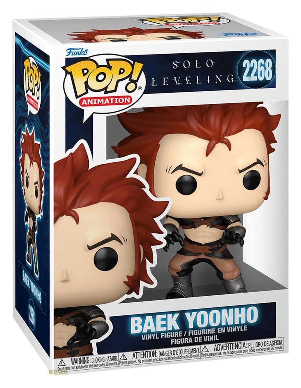 Caja Funko Pop! con Baek Yoonho de Solo Leveling, figura con pelo rojo y traje marrón.