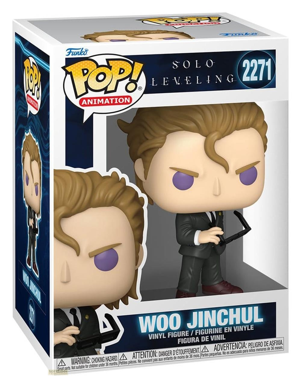 Figura Funko Pop de vinilo de Woo Jinchul de Solo Leveling con traje.