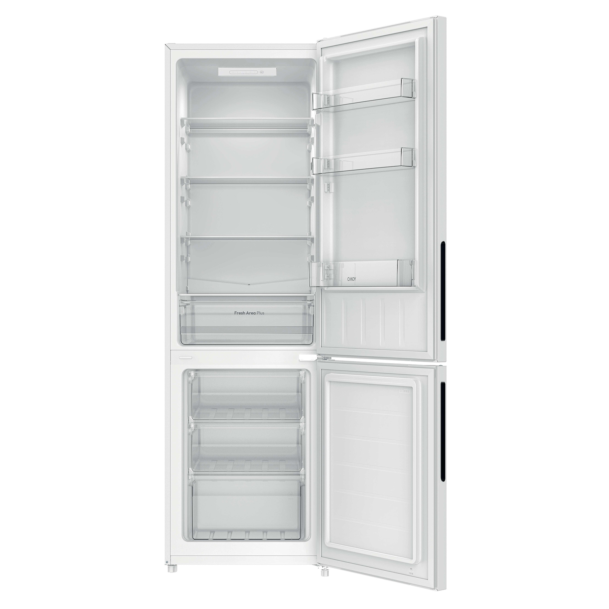 Ein offener, weißer Kühlschrank mit mehreren Einlegeböden und Schubladen.