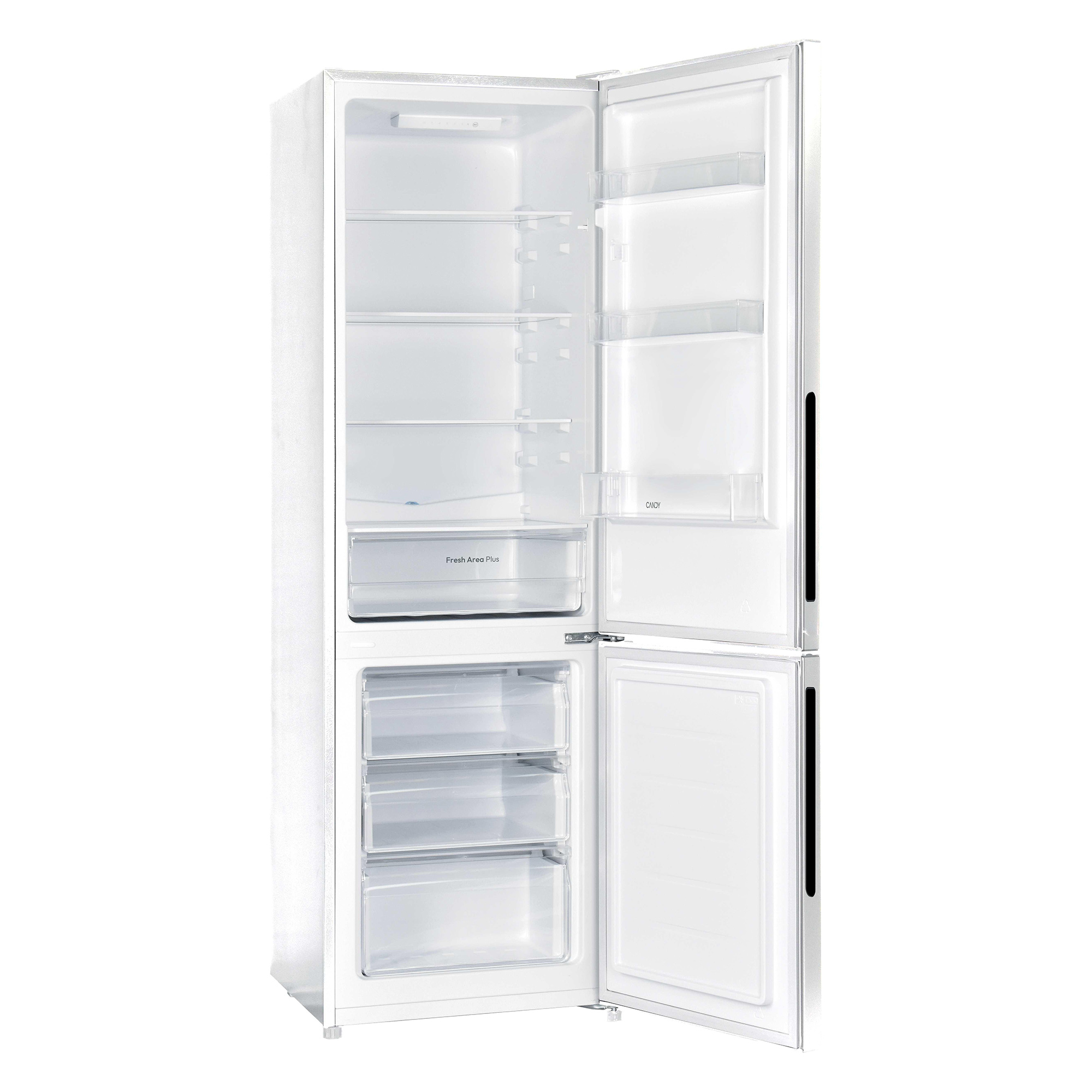 Ein weißer Kühlschrank mit offener Tür, leer, mit Regalen und Schubladen.