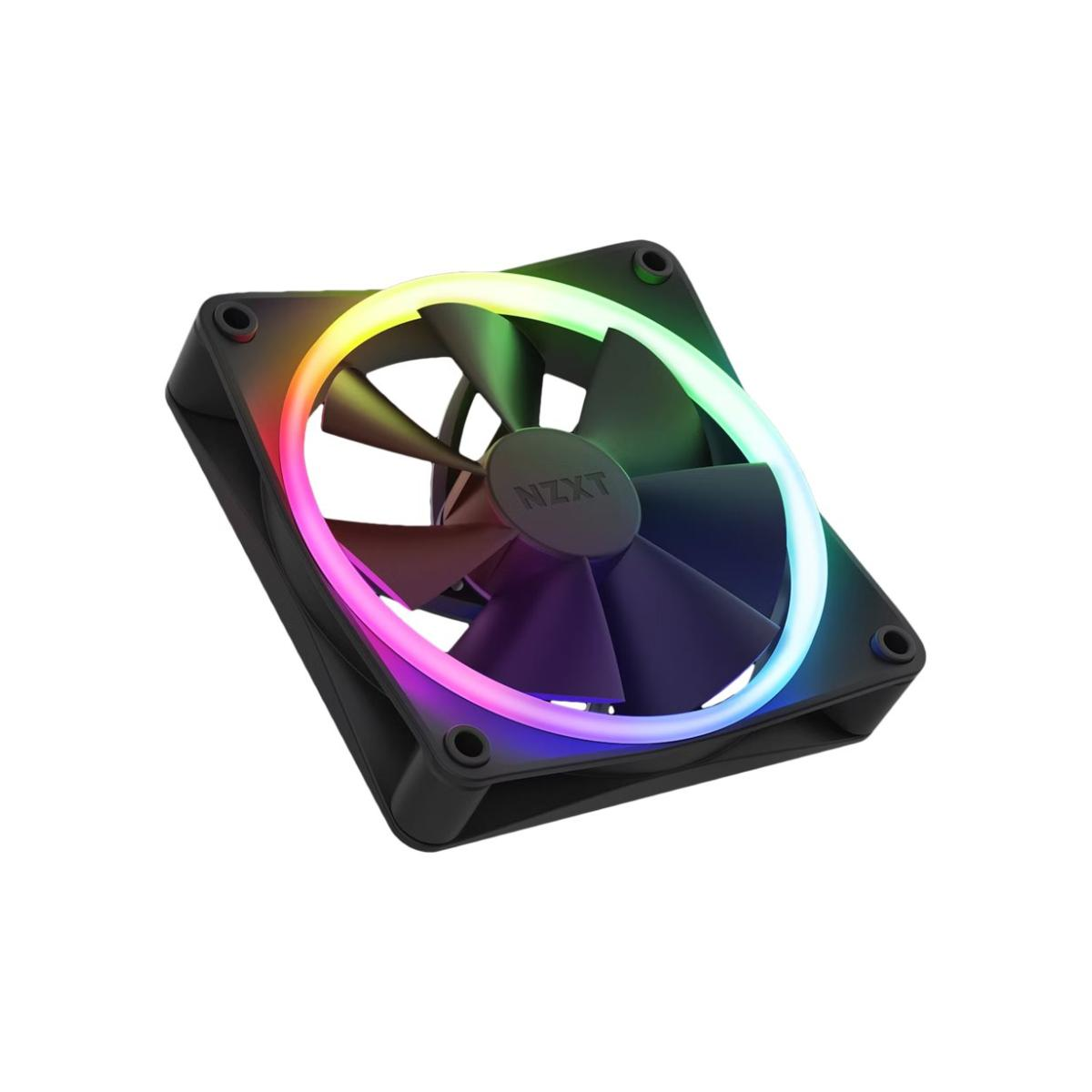 Czarny wentylator komputerowy z oświetleniem RGB i logo NZXT pośrodku.