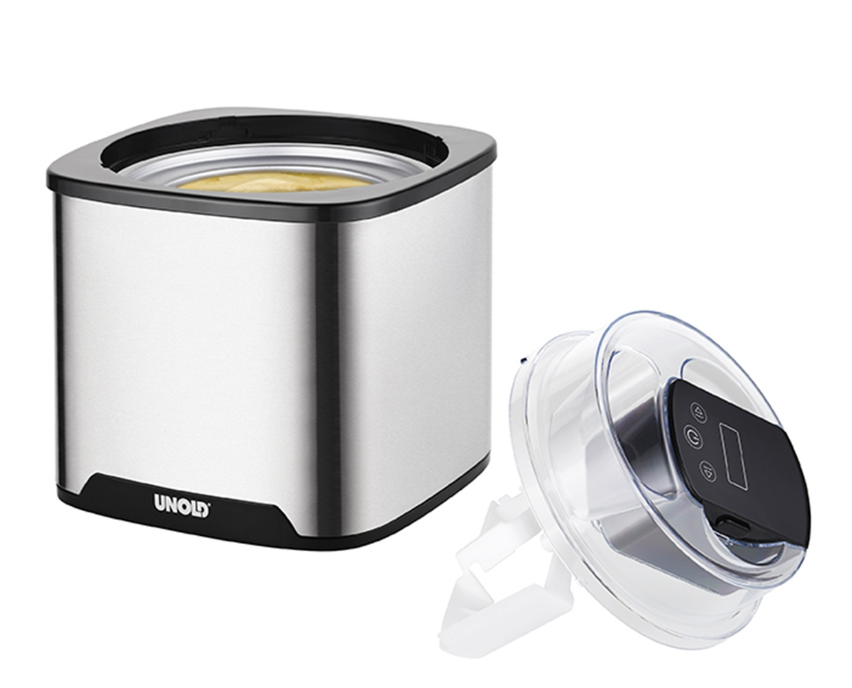 Srebrna maszynka do lodów z żółtą zawartością i przezroczystą pokrywą z czarnym panelem sterowania.