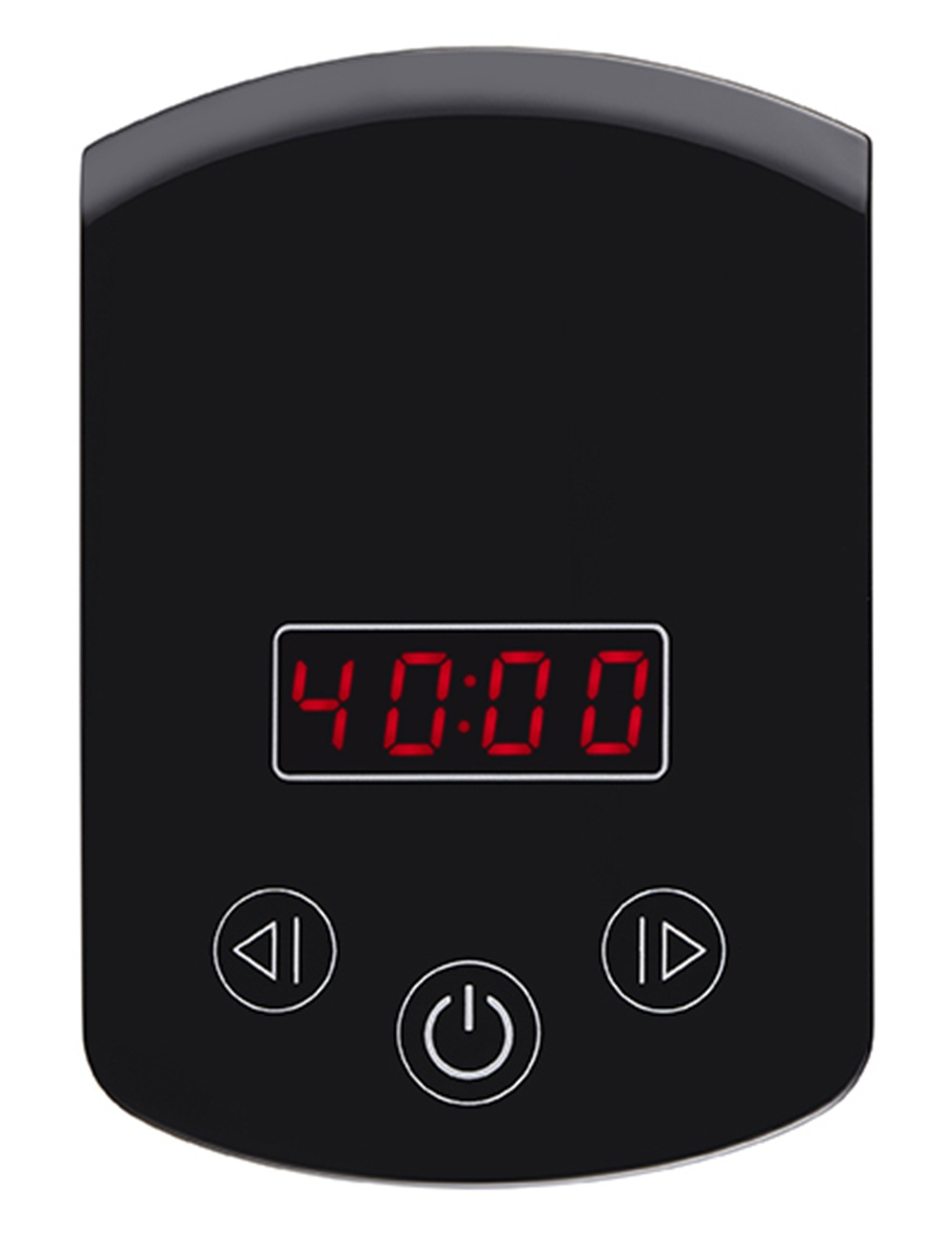 Czarny panel sterowania z czerwonym wyświetlaczem cyfrowym pokazującym 40:00 i trzy ikony.