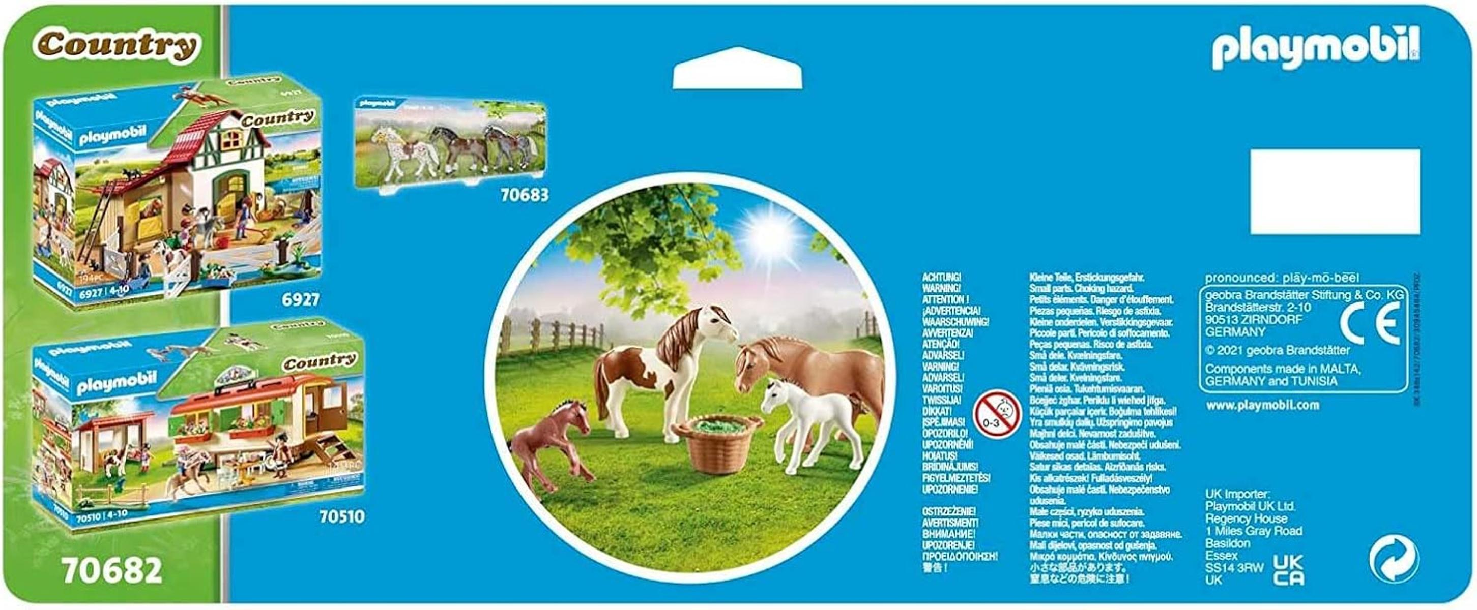 Playmobil Country-Sets: Bauernhof, Reiterhof und Pferde mit Korb auf Wiese.