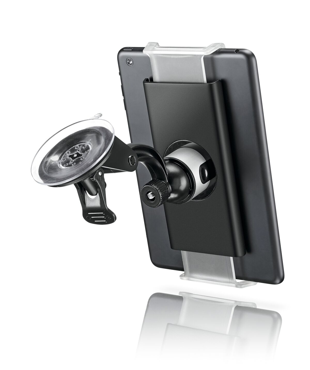 Czarny uchwyt na tablet z przyssawką i regulowanym ramieniem na białym tle.