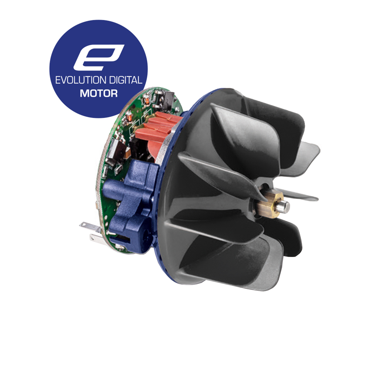 Silnik cyfrowy z czarnym wirnikiem i płytką drukowaną.