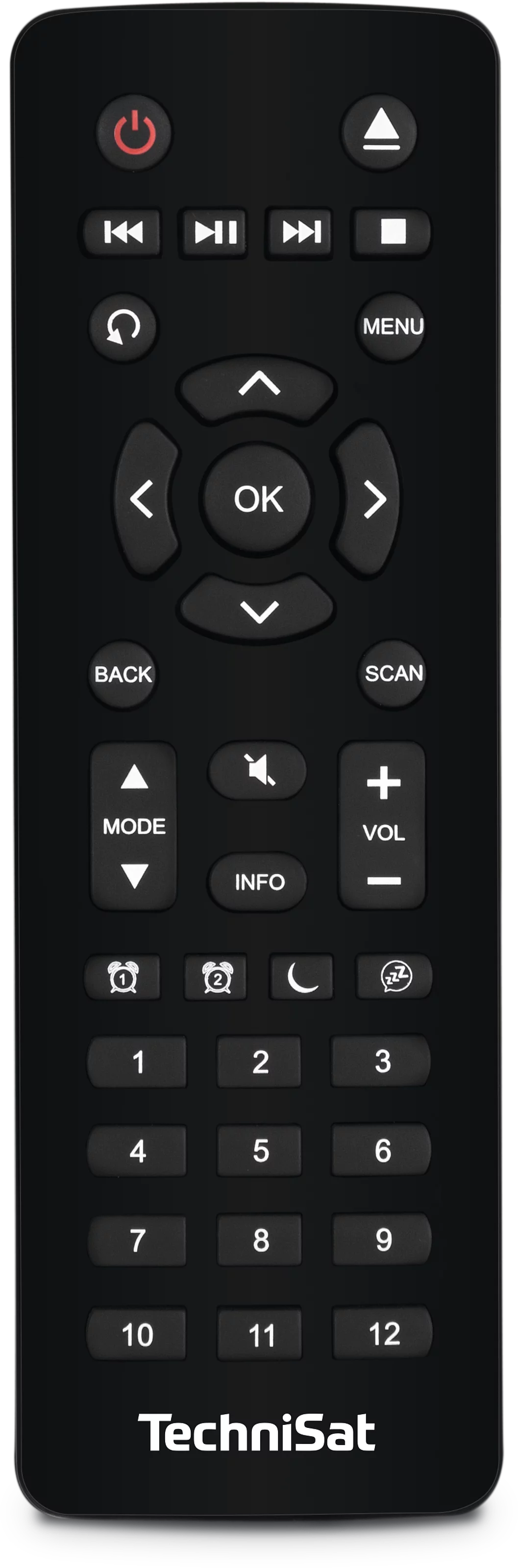 Télécommande noire avec boutons d'alimentation, navigation, menu, volume et chiffres.