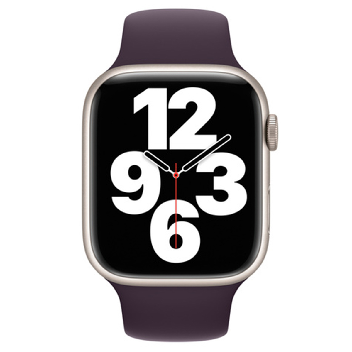 A digital watch with a silver case and dark band. Displays 12, 3, 6, 9.