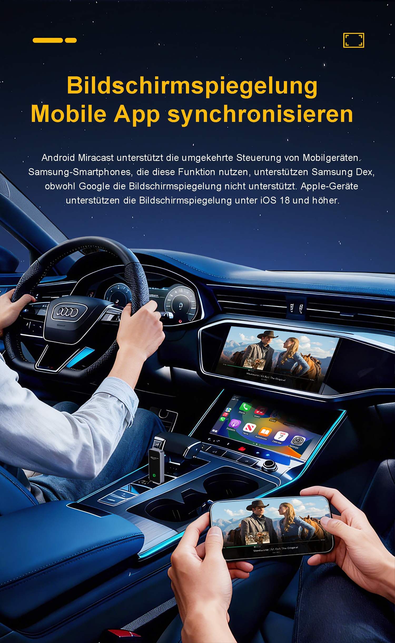 Mann fährt Auto, Smartphone spiegelt TV-Serie auf zwei Displays.