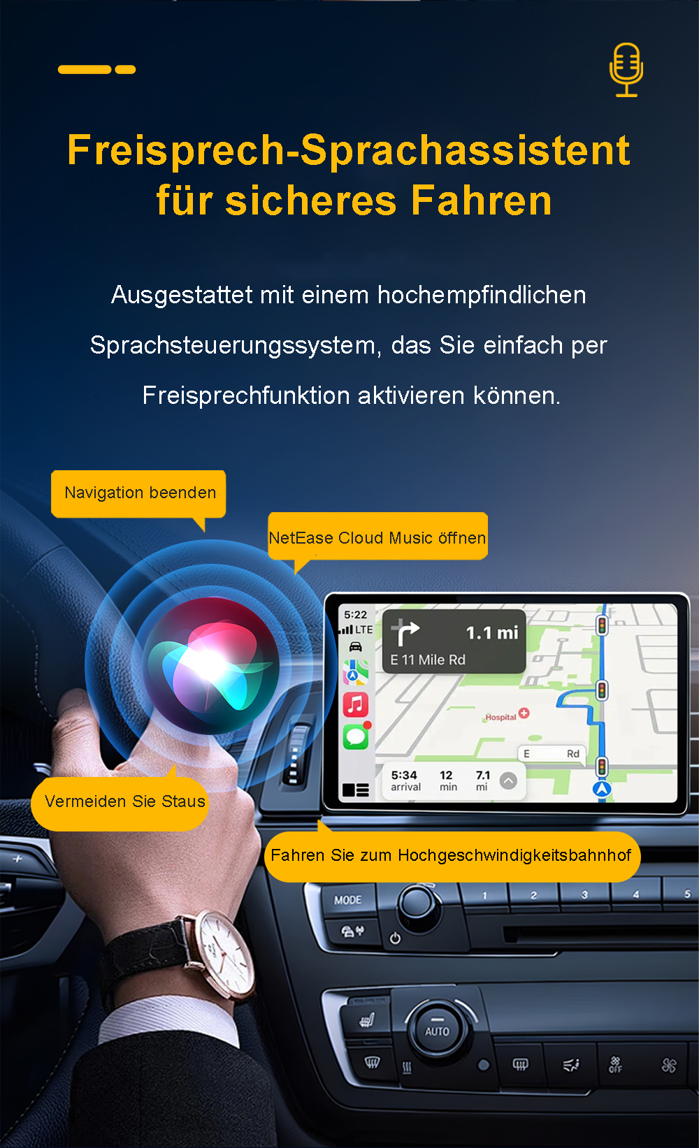 Freisprech-Sprachassistent mit Navigation auf dem Auto-Display und Sprachbefehlen.