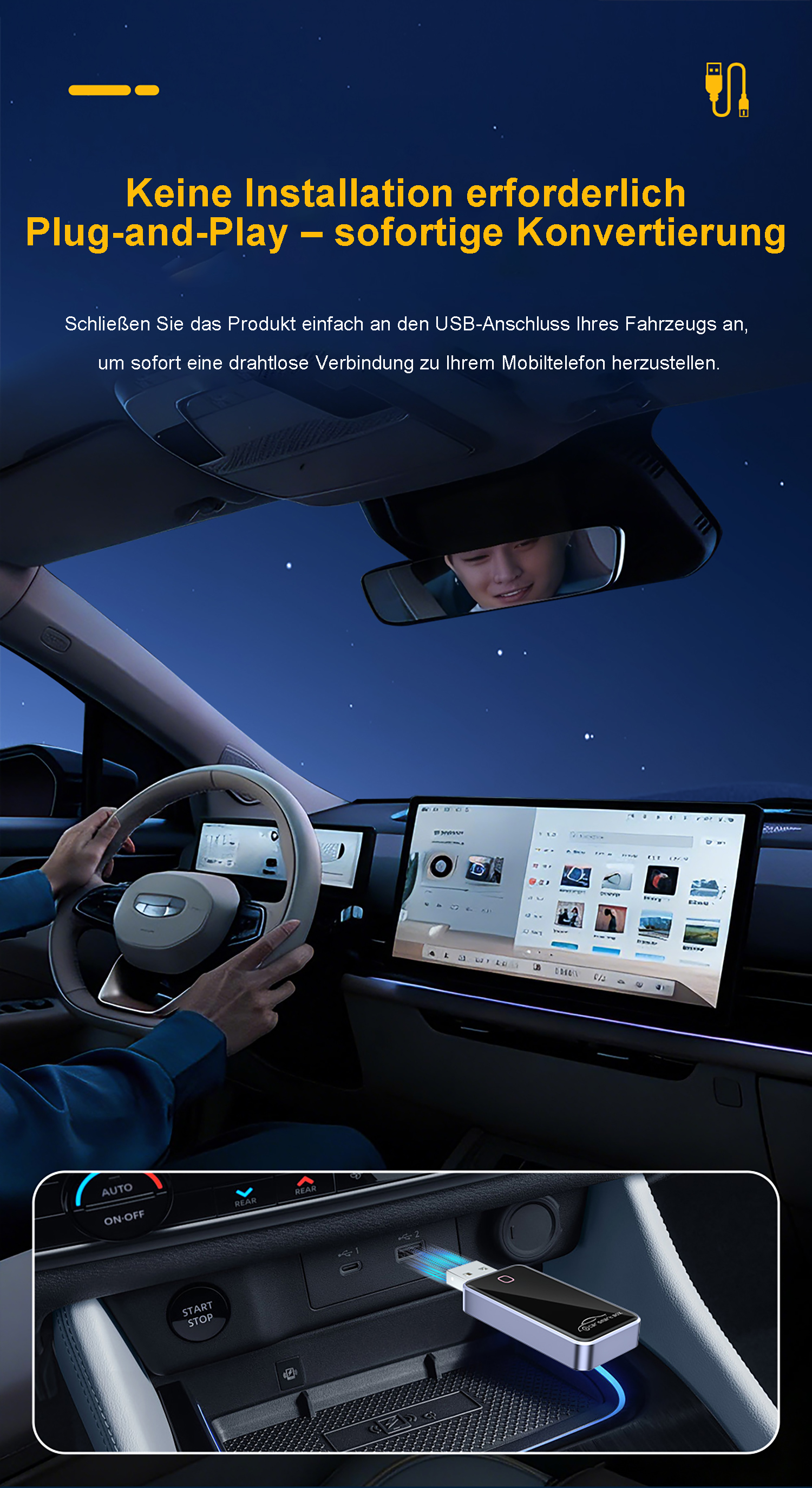 Ein Mann fährt nachts Auto. Ein USB-Gerät ist in die Mittelkonsole gesteckt.