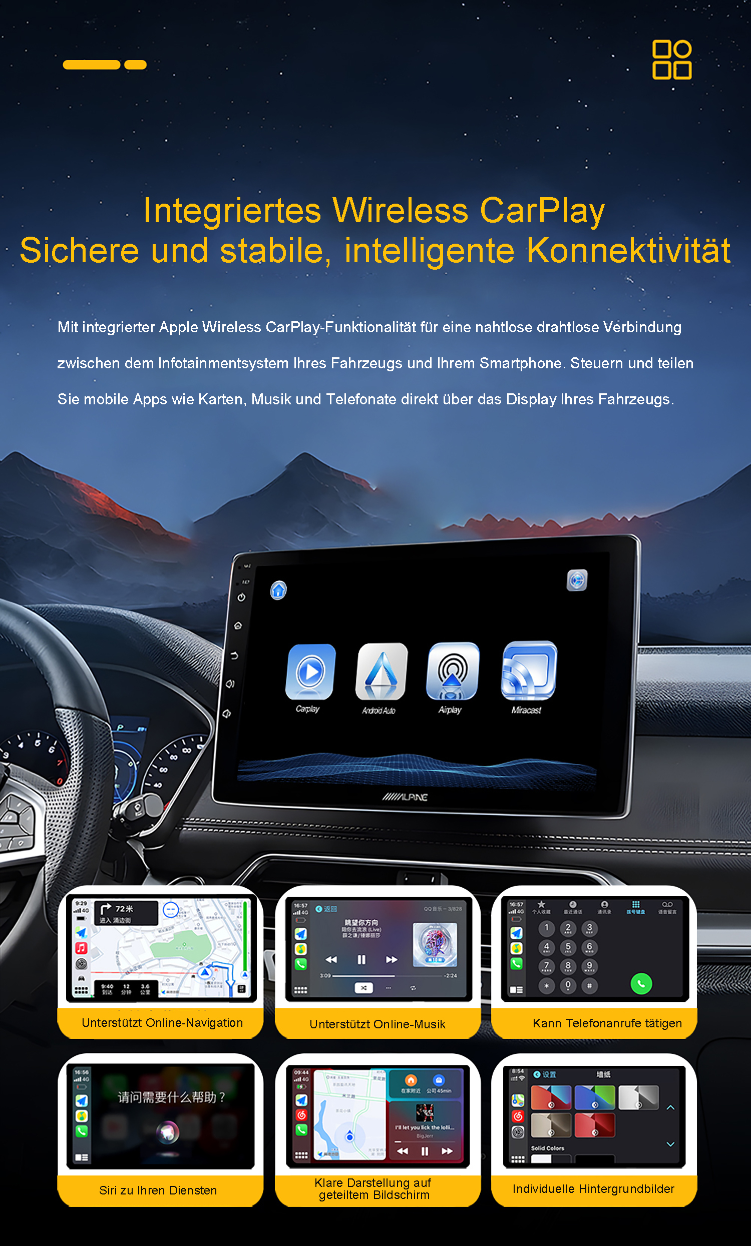 Ein Auto-Infotainment-Display zeigt CarPlay, Android Auto, Airplay & Miracast. Unten sind Navigations-, Musik-, Anruf- und Siri-Apps.