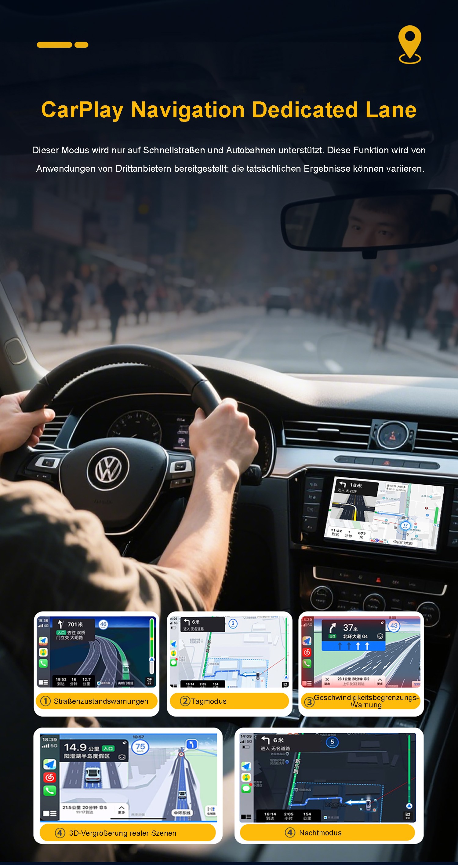 Fahrer im Auto mit Navigation auf dem Armaturenbrett und vier Splitscreen-Ansichten.