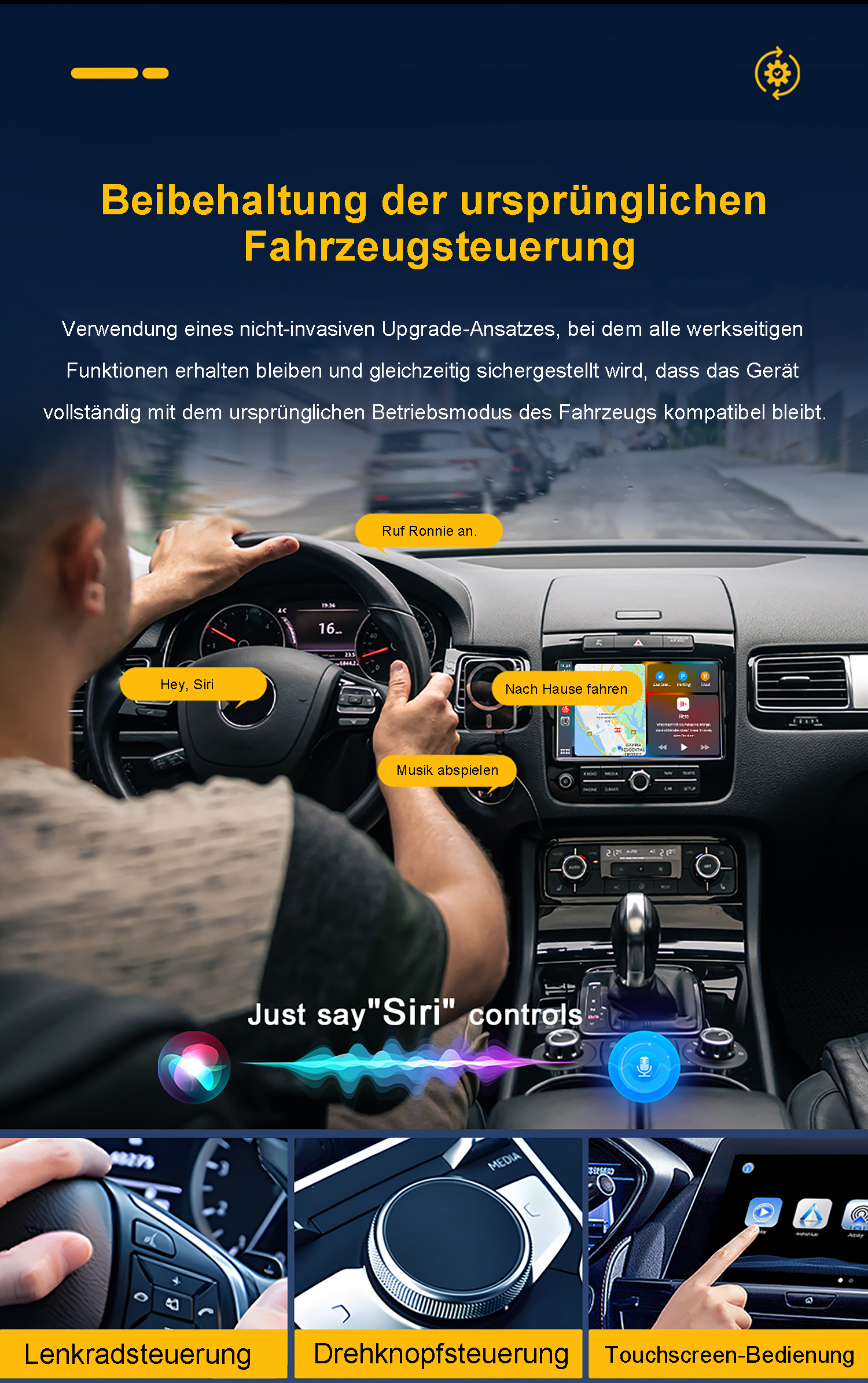 Fahrer nutzt "Siri"-Steuerung im Auto mit Navigationsbildschirm.