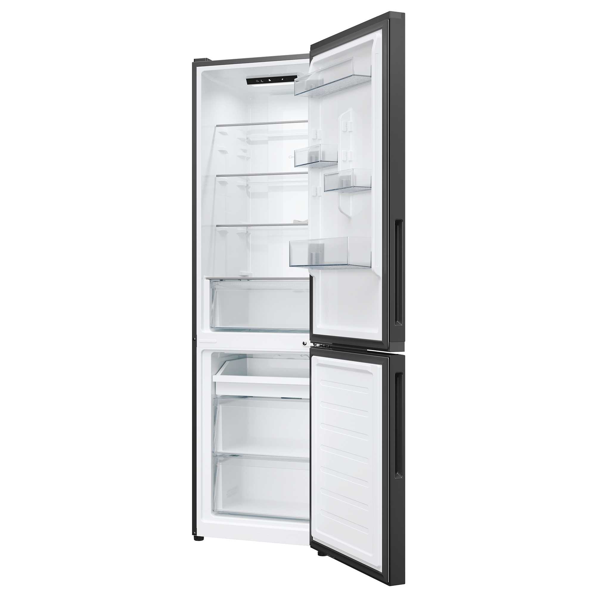 Refrigerador negro con puertas abiertas, el interior está vacío e iluminado.