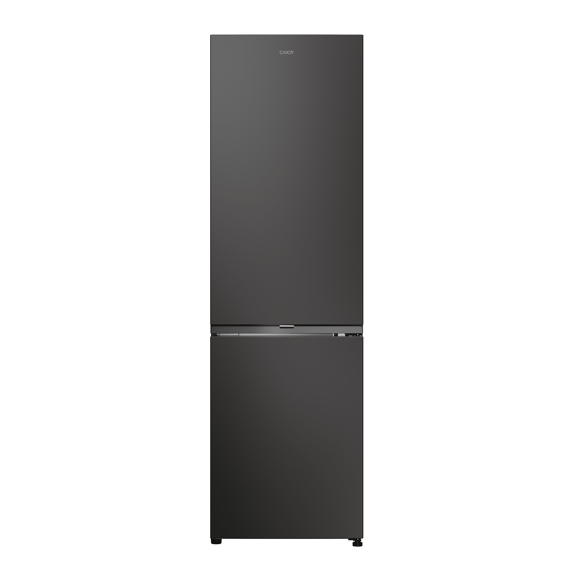 Un refrigerador Candy oscuro de dos puertas, sobre fondo blanco.