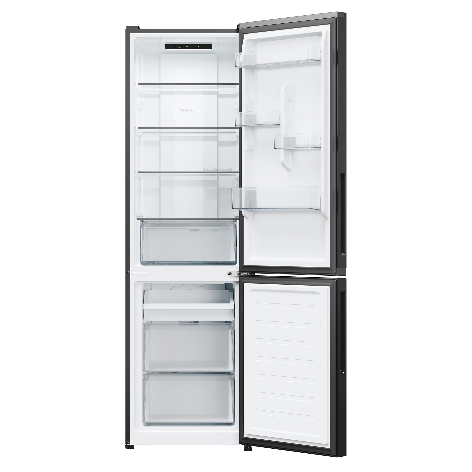 Un refrigerador abierto con estantes, cajones y compartimentos en la puerta.