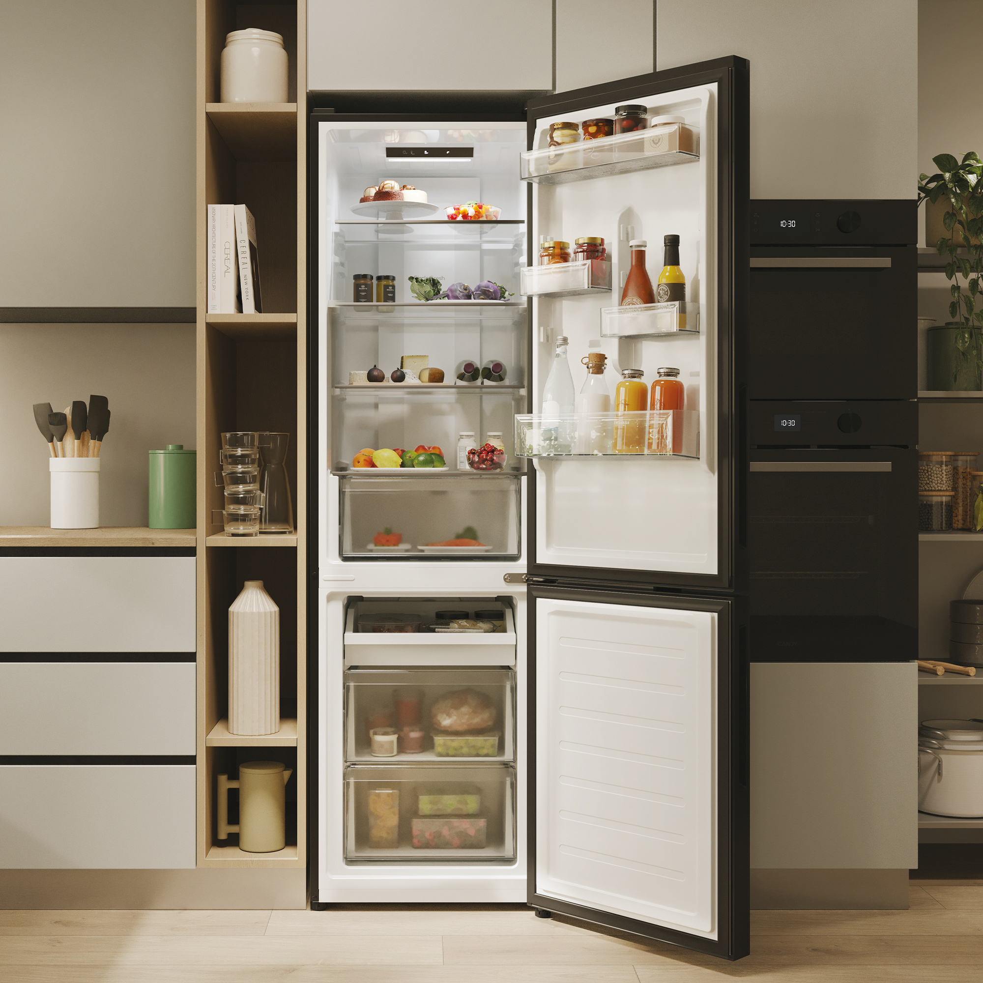 Un refrigerador abierto lleno de comida junto a un mueble de cocina empotrado negro.