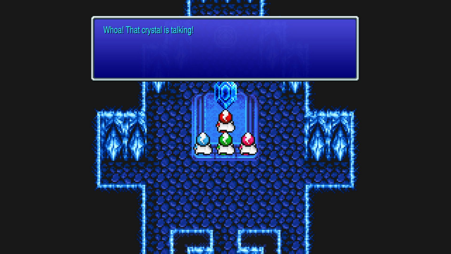 Pikselowa scena z niebieskim kryształem i postaciami. Okno dialogowe: Wow! Ten kryształ mówi!