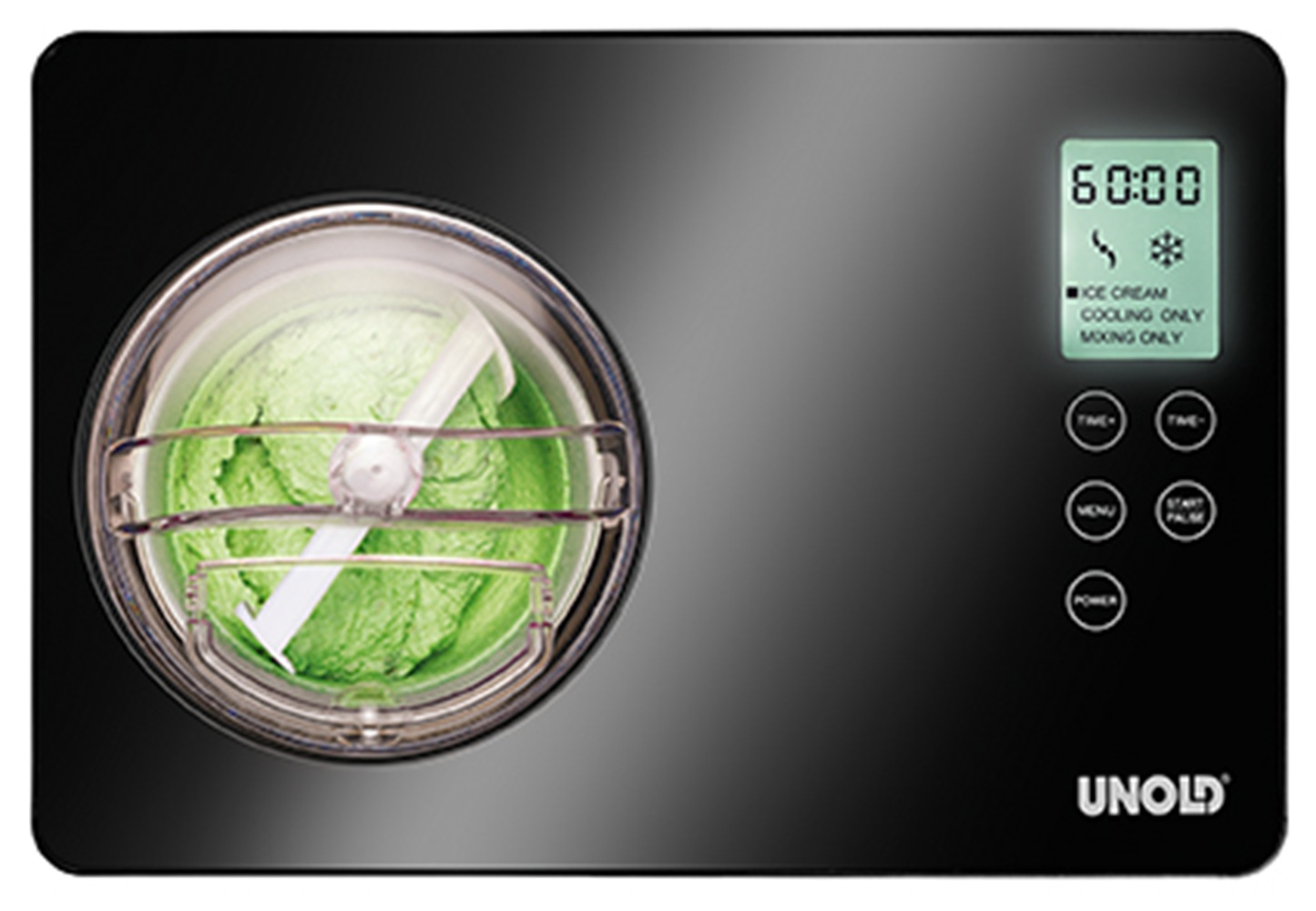 Zielone lody w maszynie do lodów z wyświetlaczem 60:00 i logo UNOLD.