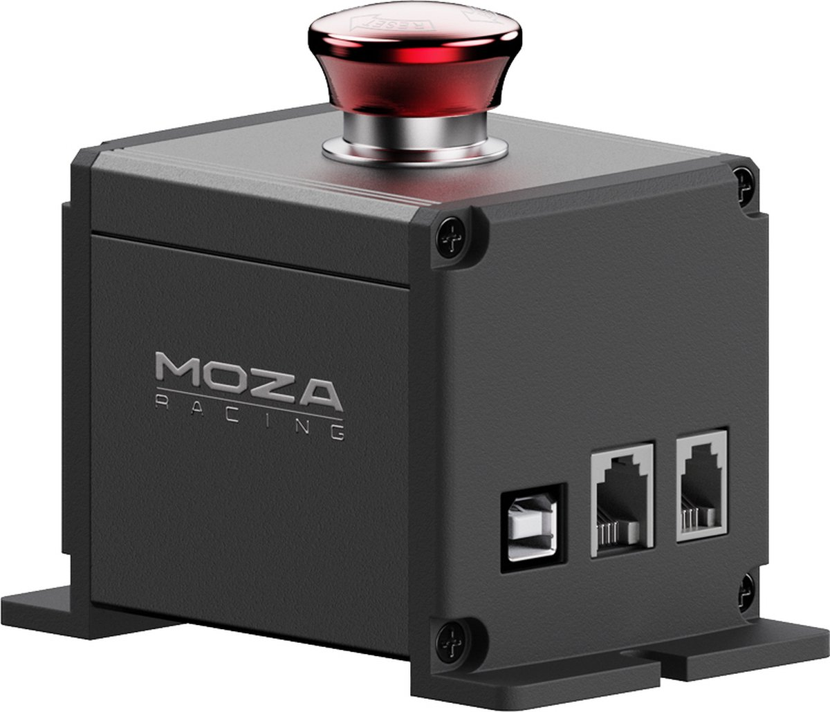 Un appareil de course noir avec un bouton rouge et des ports USB/Ethernet.