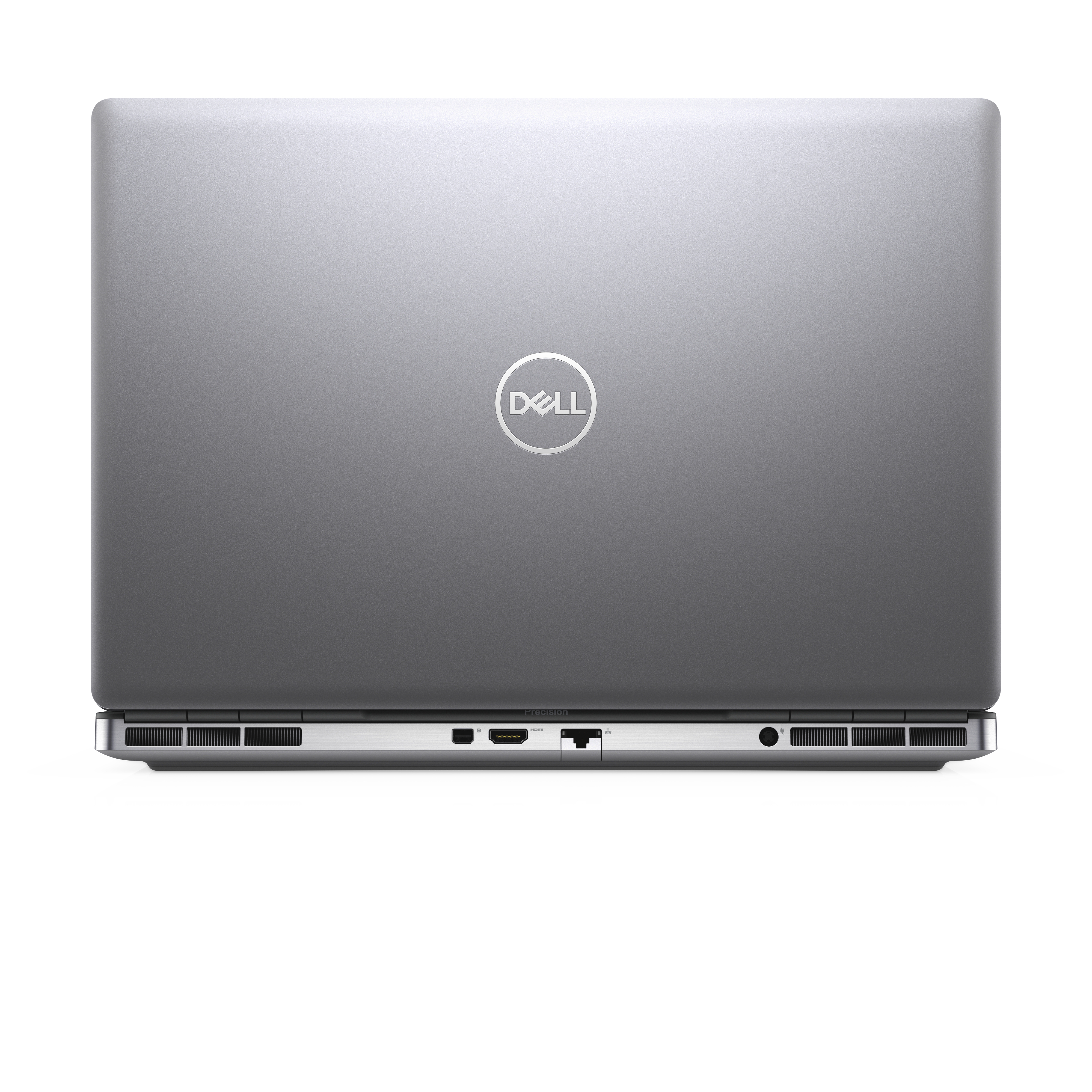 Gray Dell laptop with logo and ports on the bottom.