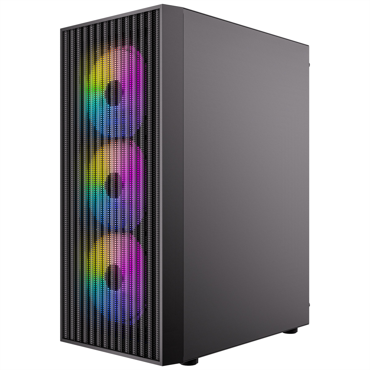 Czarna obudowa komputera z wentylatorami RGB świecącymi w kolorach tęczy.