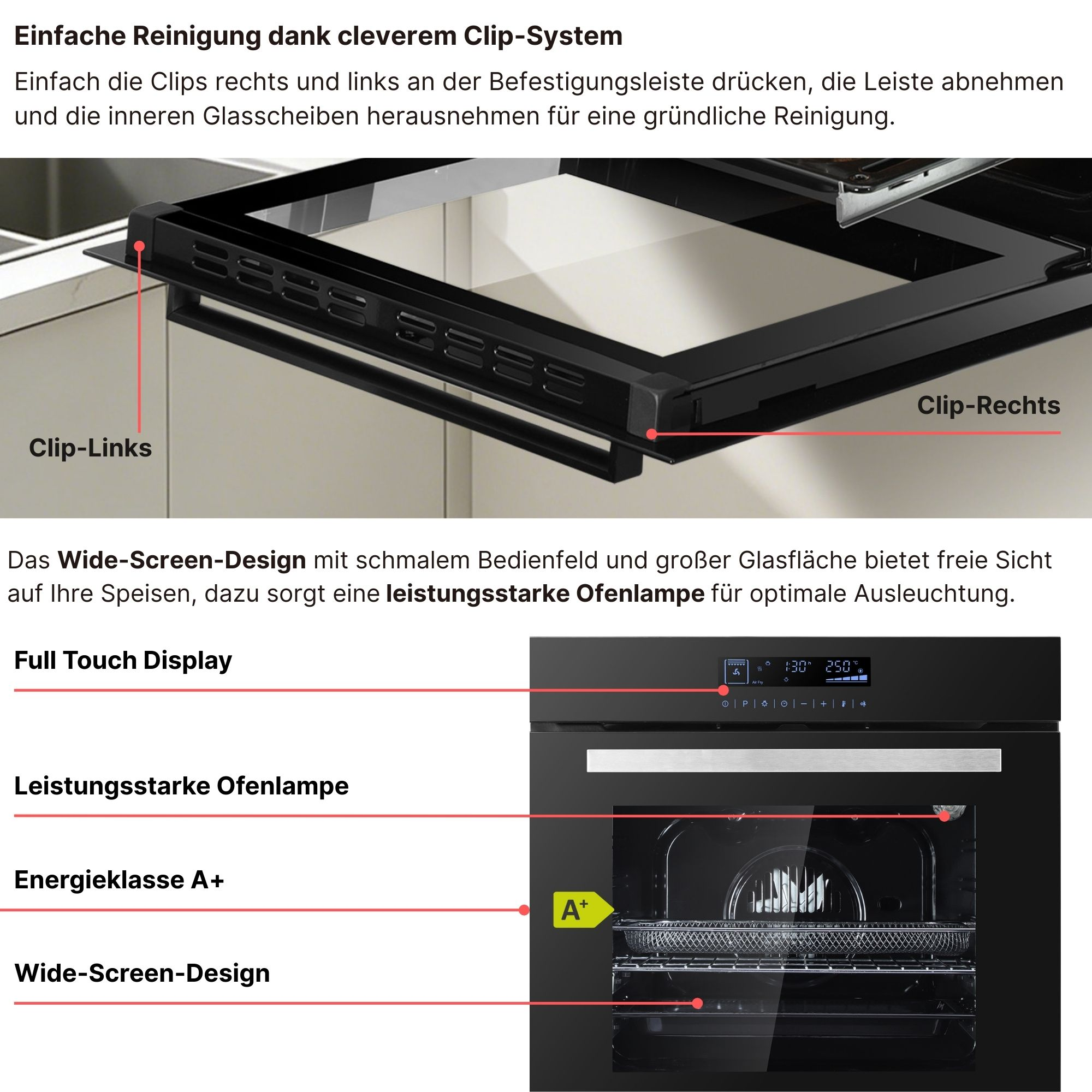 Einbauofen mit Clip-System, Touch-Display, A+-Label und Innenbeleuchtung.