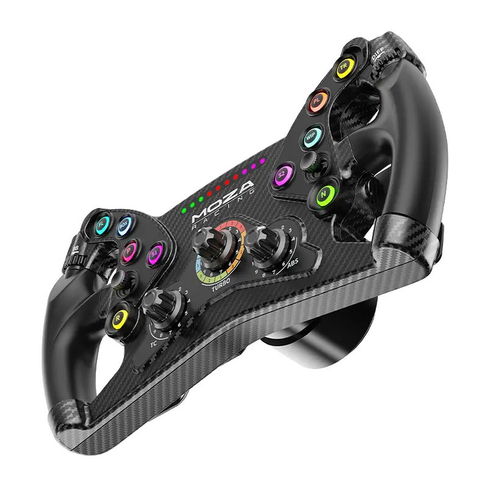 Un volant de course noir avec de nombreux boutons et un motif en fibre de carbone.