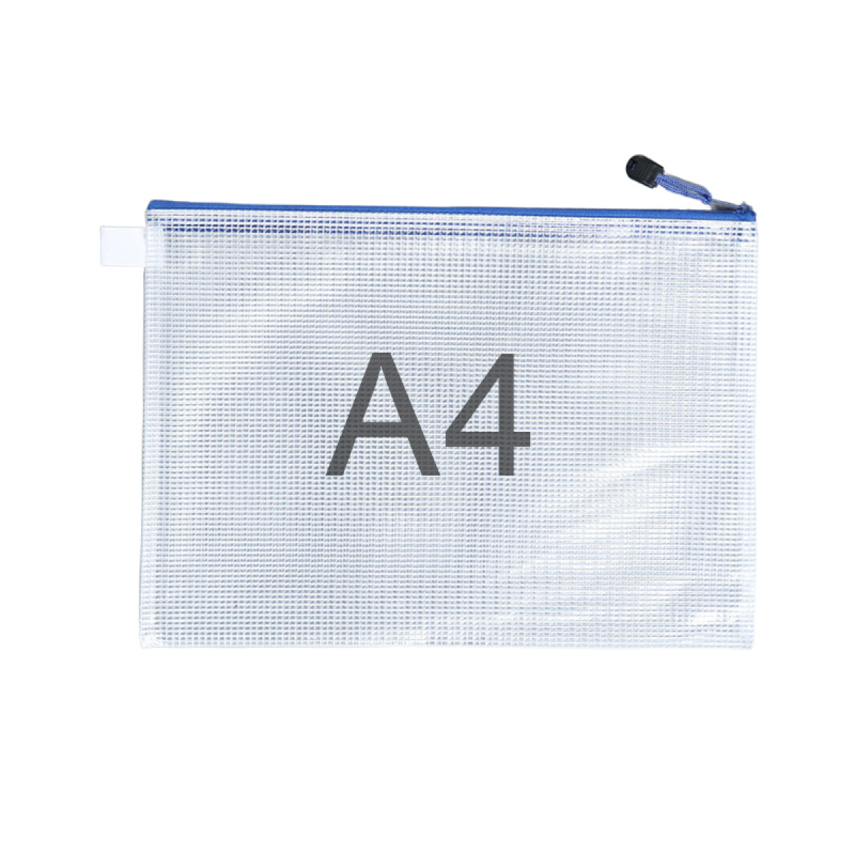 Transparante A4-map met blauwe rits en trekker.