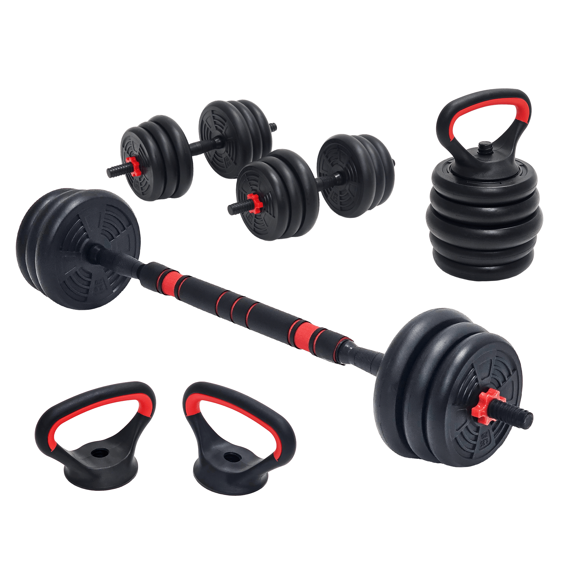 Hanteln, Kettlebells und eine Langhantel mit Gewichten in Schwarz und Rot.