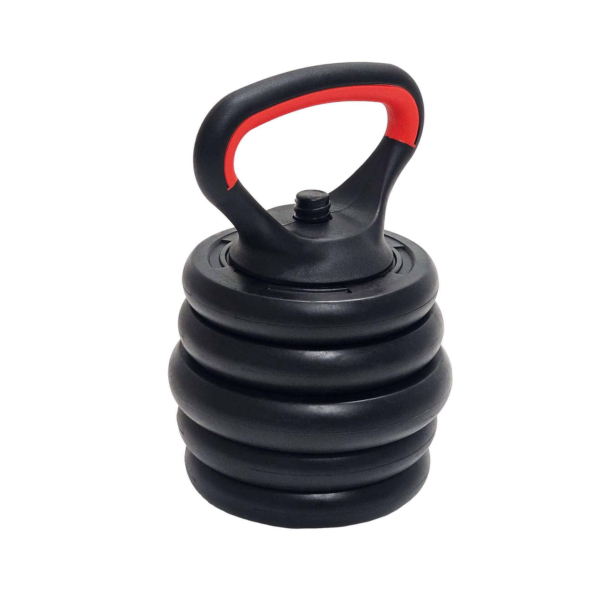 Ein schwarzer Kettlebell mit rotem Griff und gestapelten Gewichten auf weißem Hintergrund.