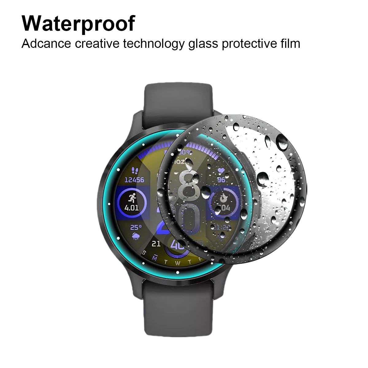 Eine Smartwatch mit einer Schutzfolie, die Wassertropfen zeigt. Sie zeigt Fitnessdaten.