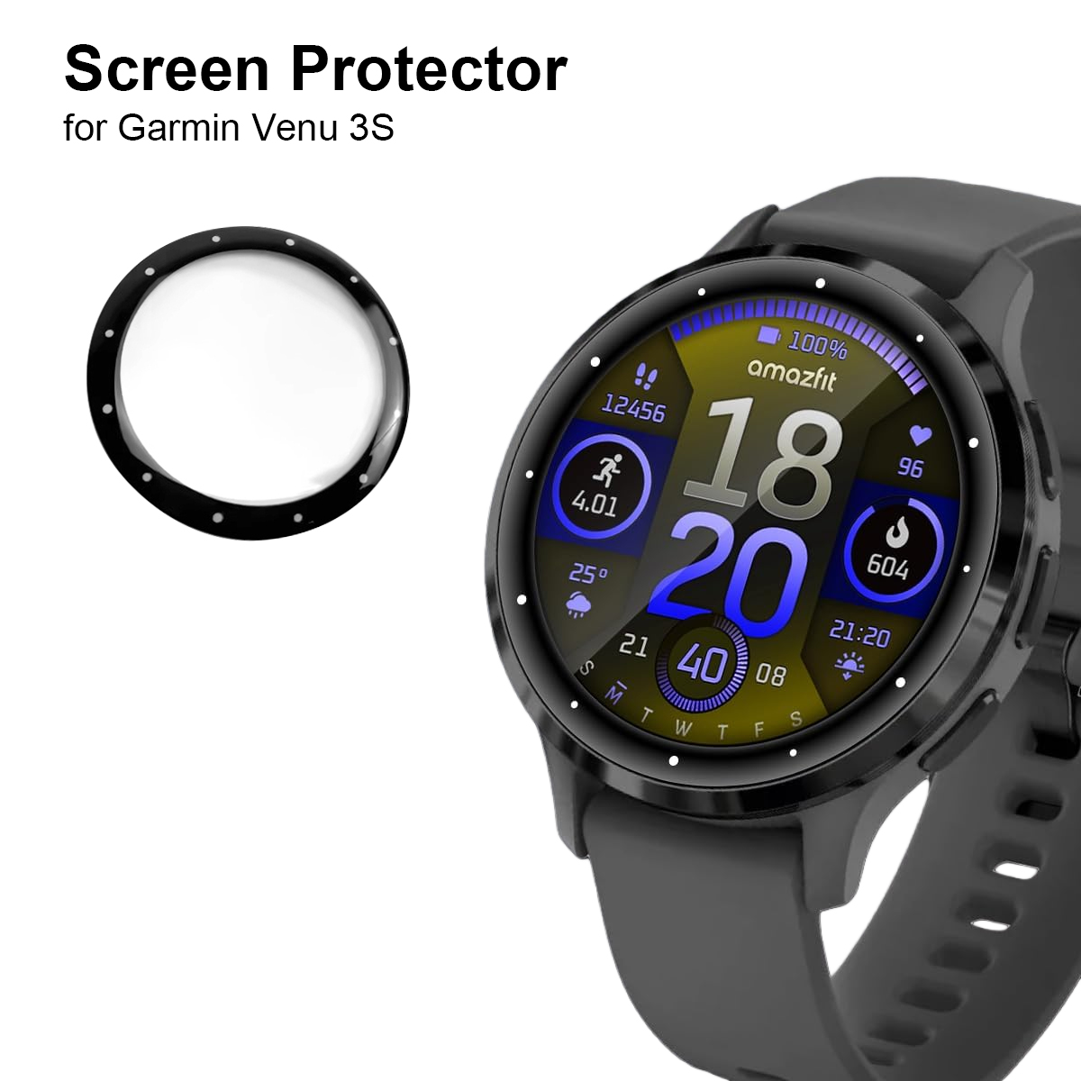 Bildschirmfolie für Garmin Venu 3S und eine Smartwatch mit buntem Zifferblatt.