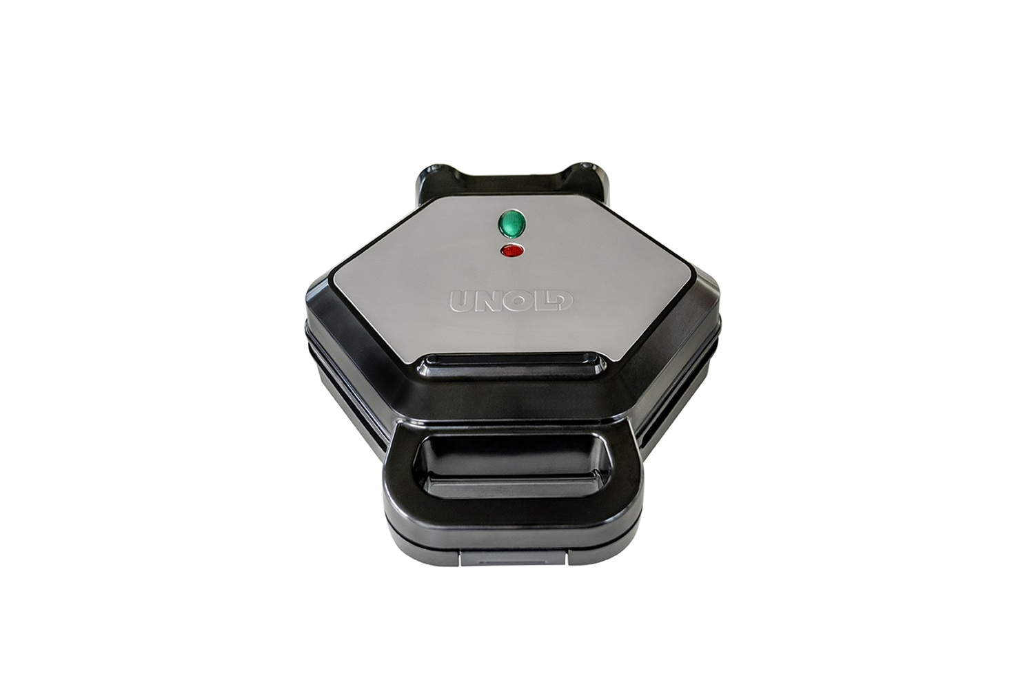 Zamknięta, czarno-srebrna gofrownica z lampkami kontrolnymi.