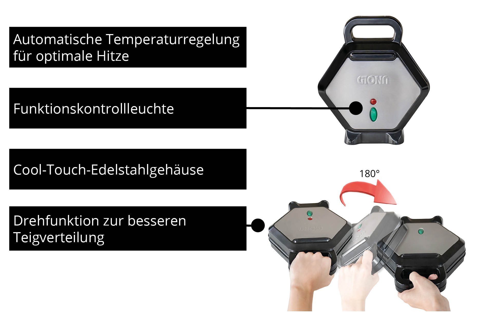 Waffelautomat mit Temperaturregelung, Kontrollleuchte und Drehfunktion.