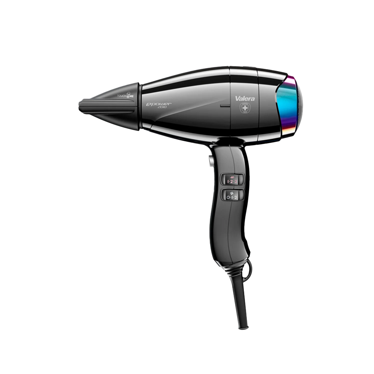 Czarna suszarka Valera z przyciskami i kolorową kratką.