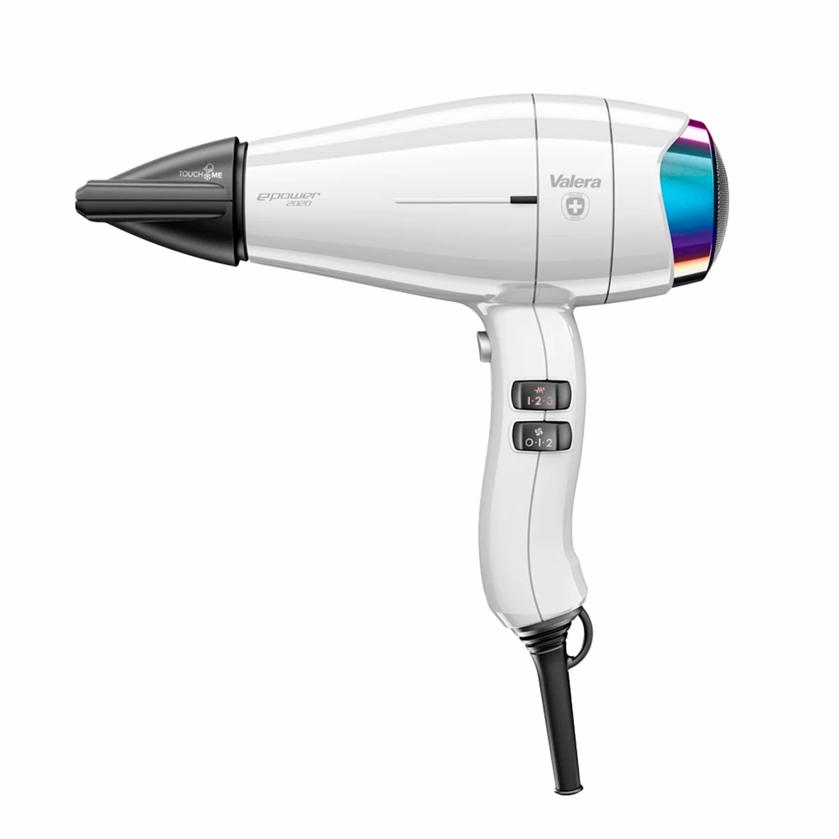 Biała suszarka do włosów Valera z czarną dyszą i kolorowymi kratkami wentylacyjnymi.