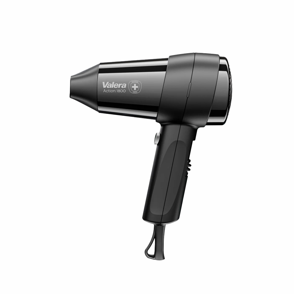 Czarna suszarka do włosów Valera z srebrnym przyciskiem, na białym tle.