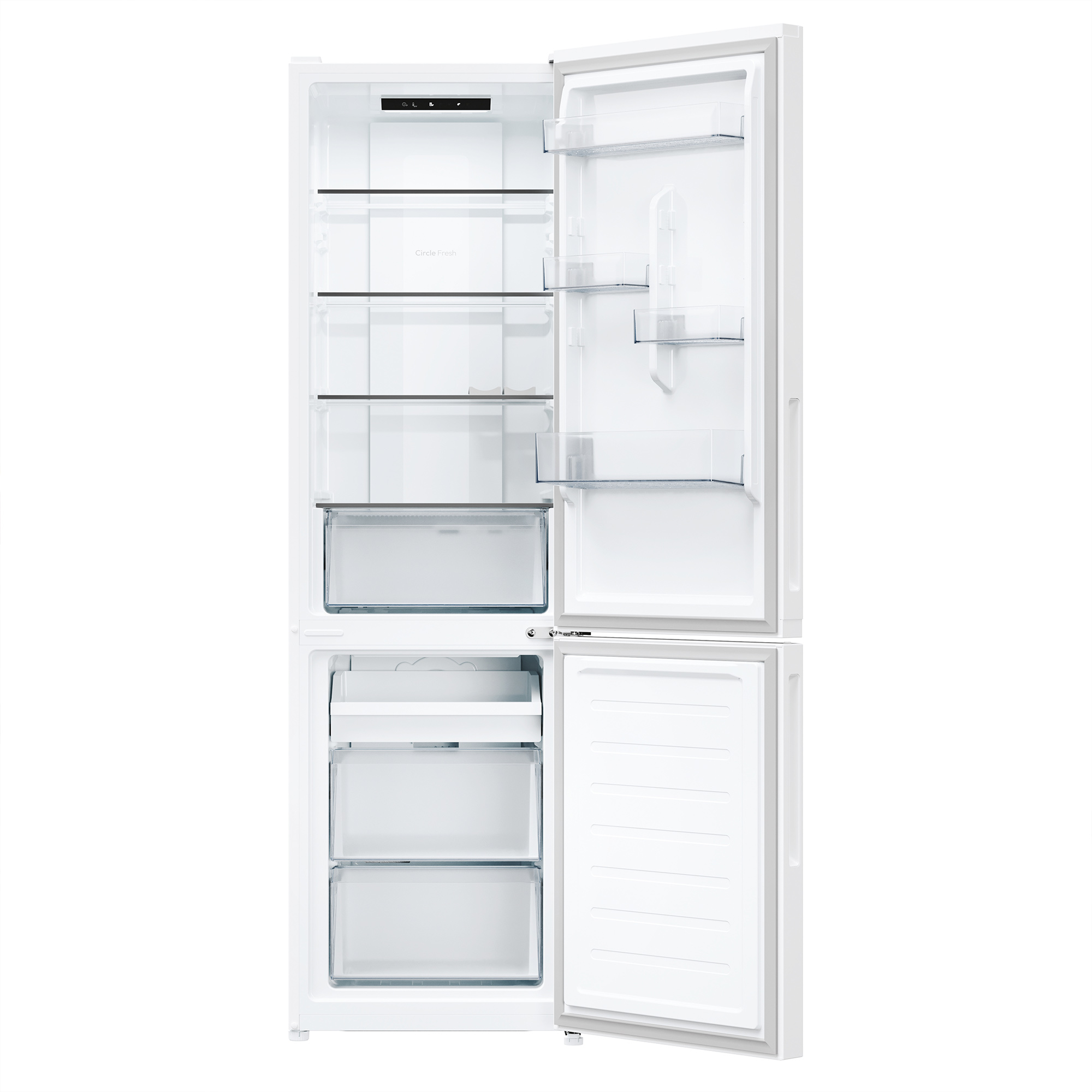 Un frigorifero bianco con porte aperte, pulito e vuoto.