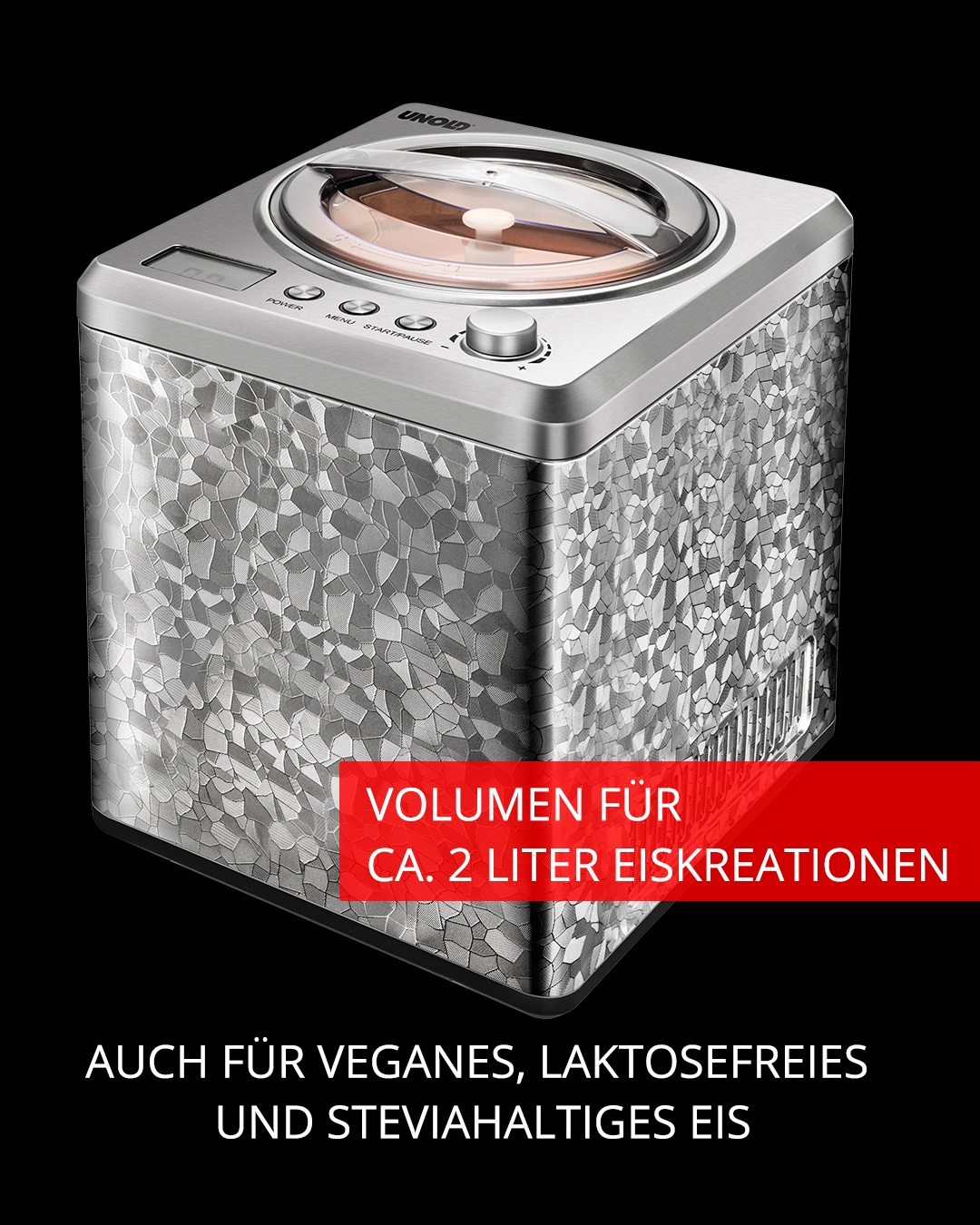 Ein silberner Eismaker mit Mosaikmuster und Bedienfeld. Fassungsvermögen 2 Liter.