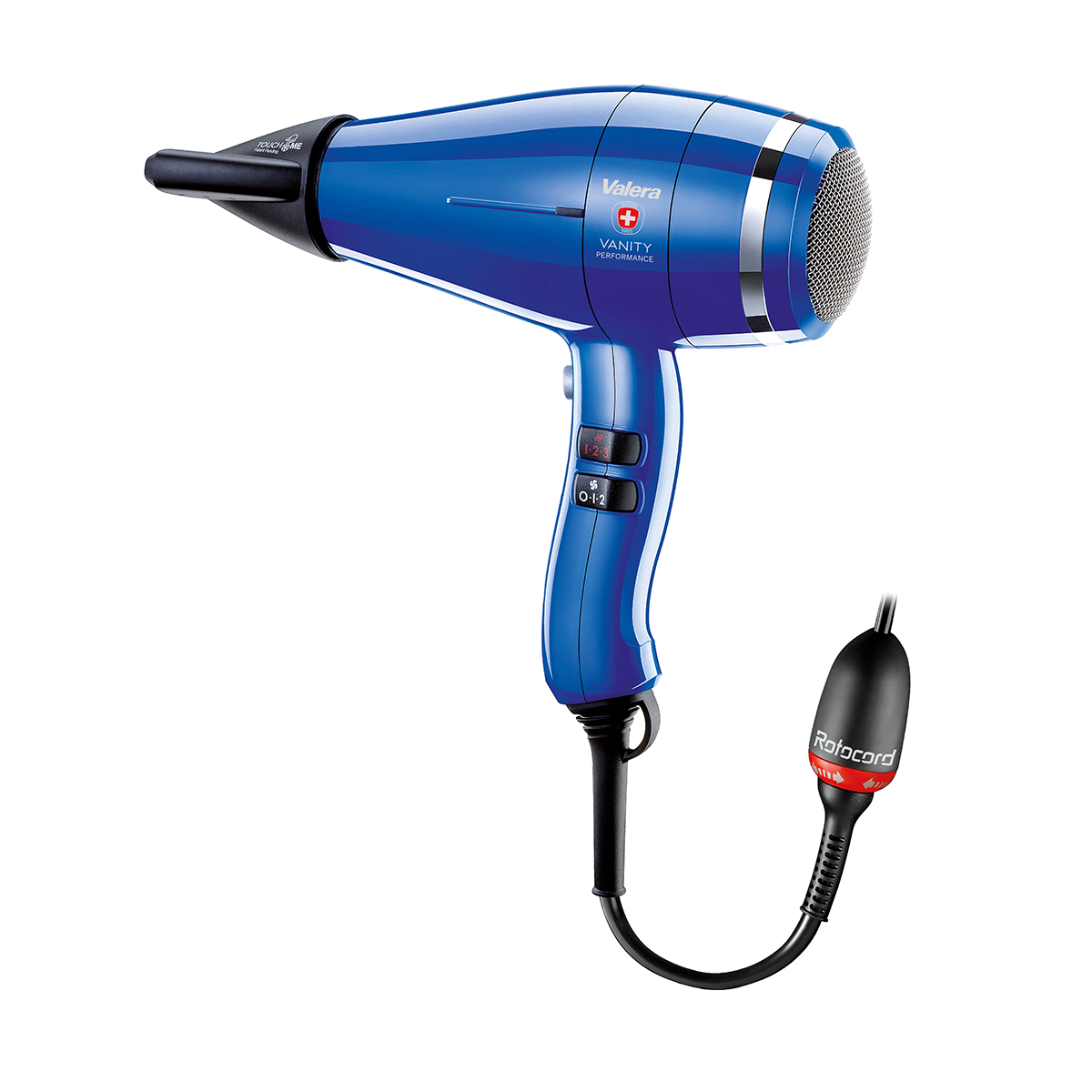 Niebieska suszarka do włosów z srebrnymi akcentami i czarnymi przyciskami.