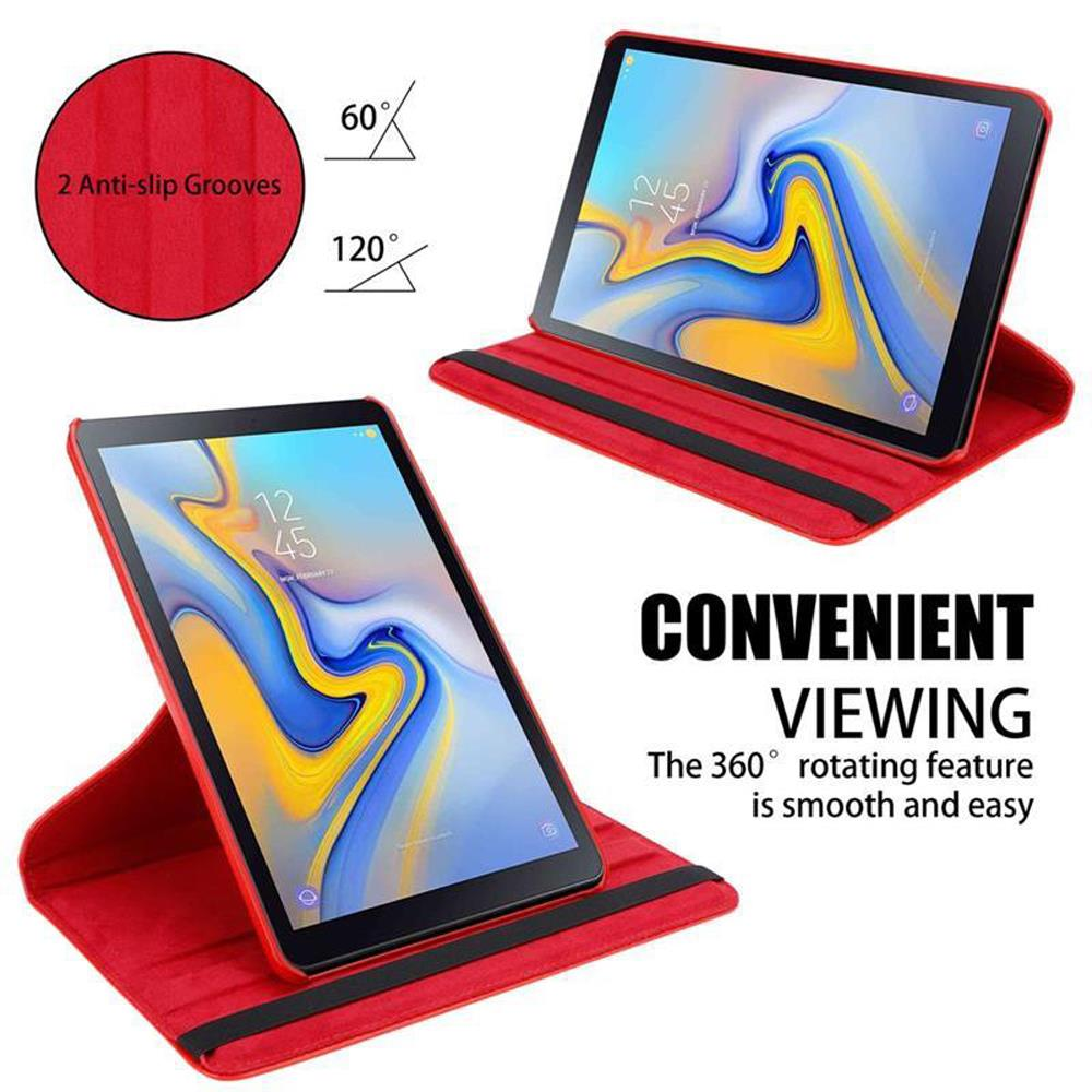 Roter Tablet-Ständer mit 2 Anti-Rutsch-Rillen und Winkeln von 60° und 120°.