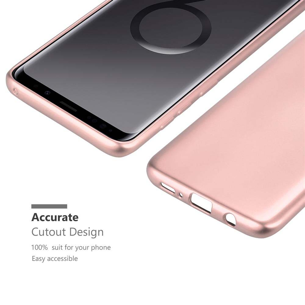 Eine roségoldene Handyhülle liegt neben einem Smartphone.