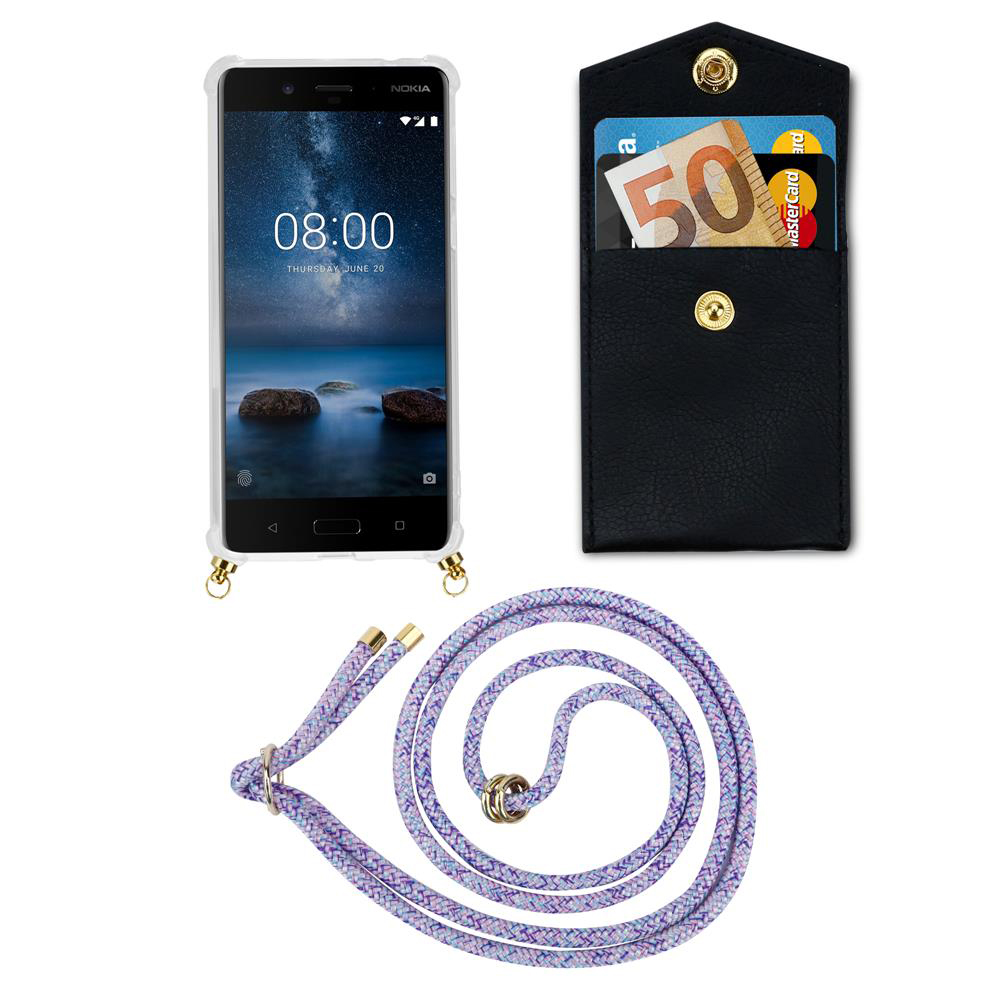 Ein Nokia-Smartphone mit einer Hülle, einer Brieftasche mit Karten und Geld und einer lila Schnur.