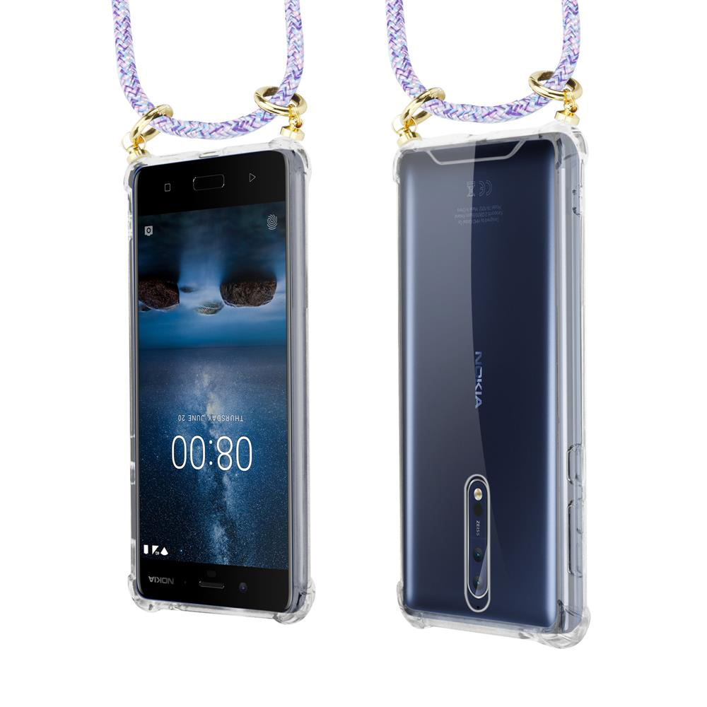 Ein Nokia-Smartphone in einer durchsichtigen Hülle mit Lanyard, Vorder- und Rückansicht.