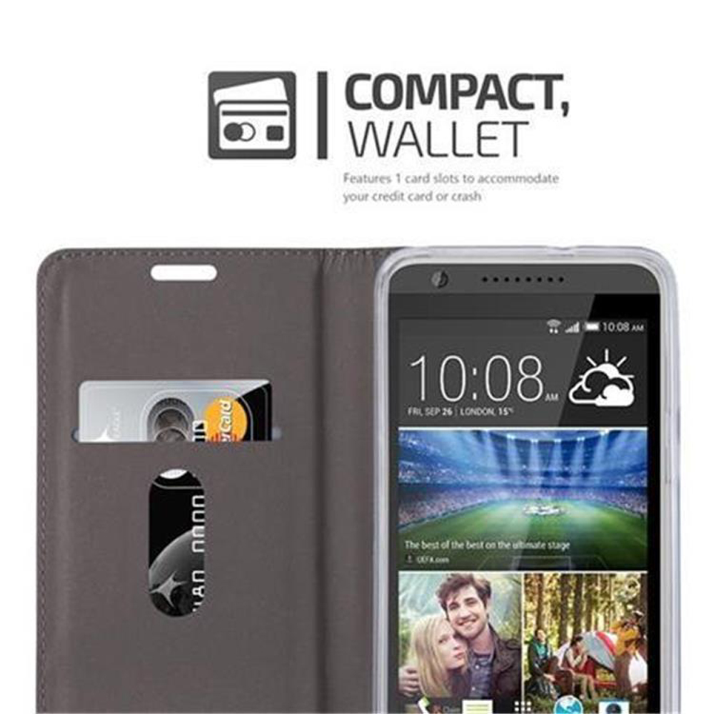 Custodia a portafoglio grigia con telefono che mostra carte e schermo con foto.