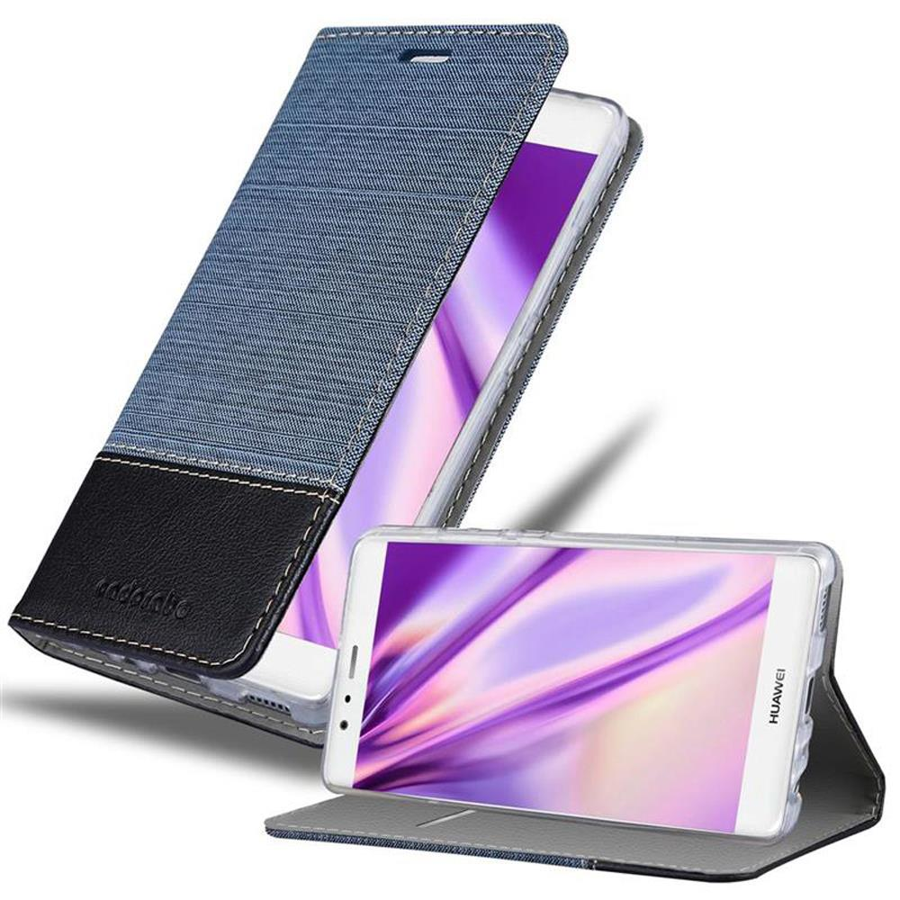 Ein blauer Denim-Handyhülle mit schwarzem Lederakzent, die ein Smartphone schützt.