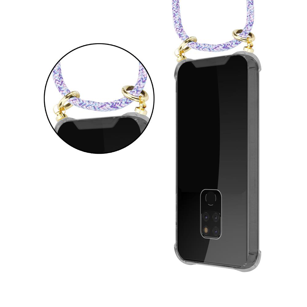 Una custodia trasparente per telefono con cordino colorato e anelli dorati.