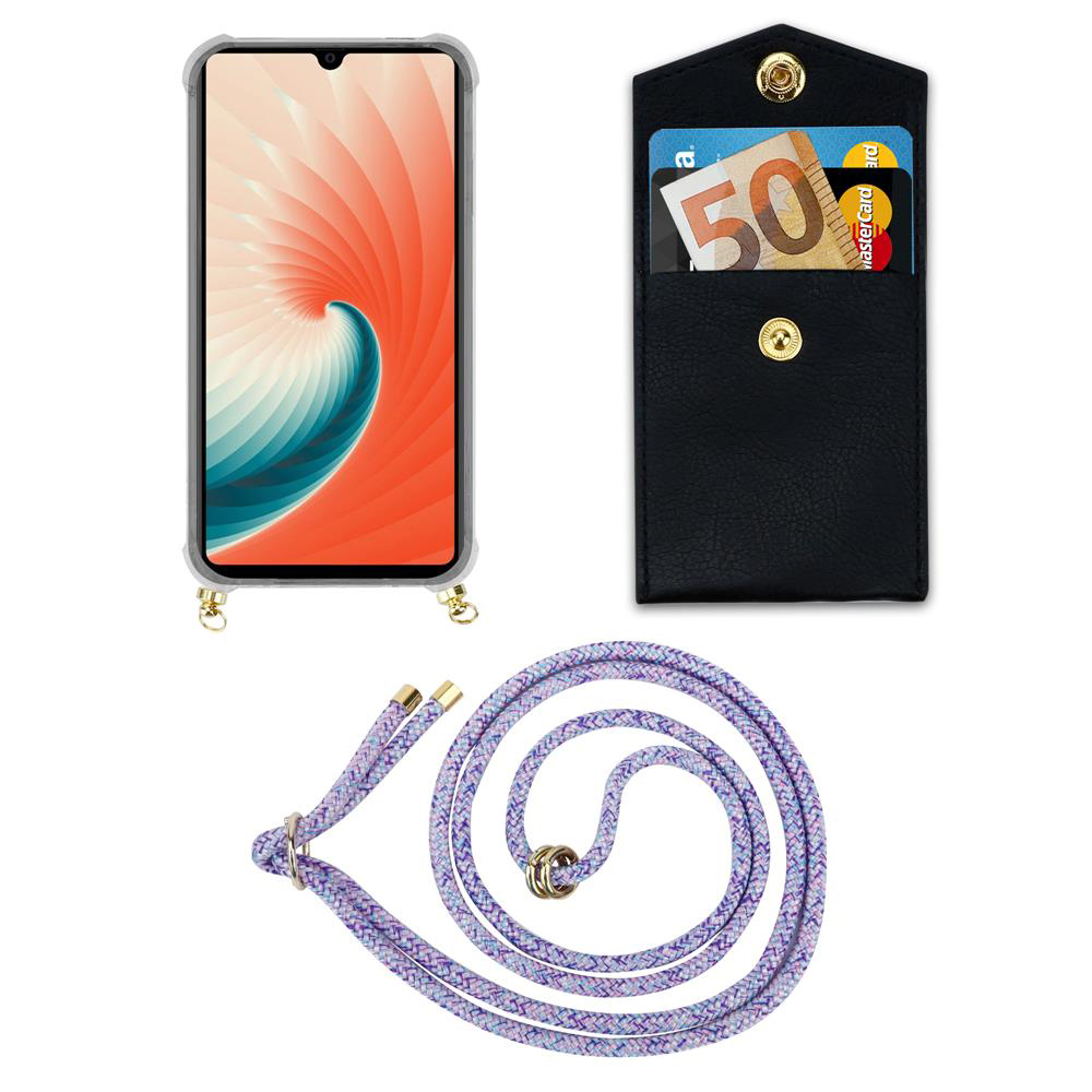 Uno smartphone in una custodia, un portafoglio nero con soldi e carte, e un cordino viola.